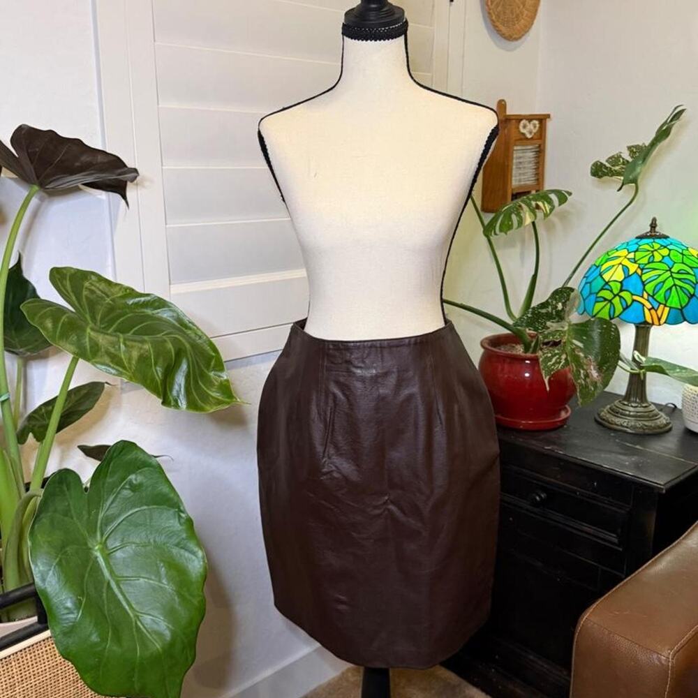 Vintage 90s Y2K Chocolate Brown Genuine Leather Pencil Skirt Size 10